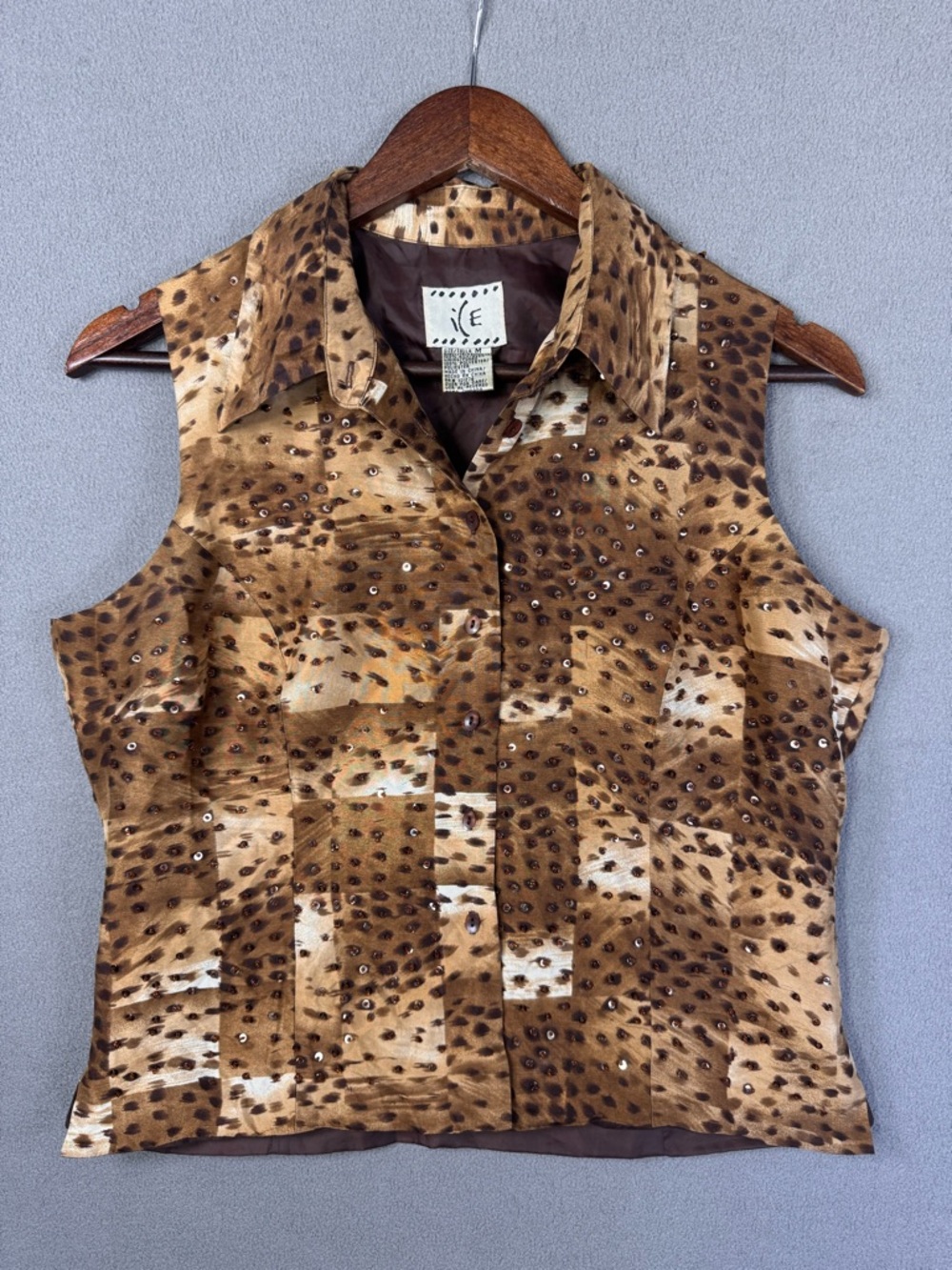 Vintage 90’s iCE Silk Sleeveless Collared Animal Print Top, Buttons Sequins,M